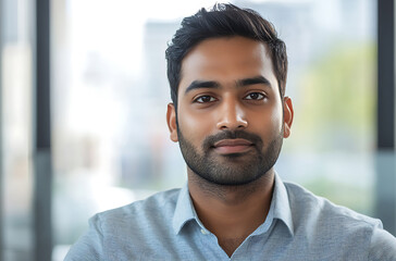 Young businessman,Head shot portrait profile picture Show Confidence and Success, happy positive bearded,in work office looking at camera feeling serious ambitious self confident
