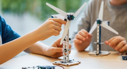 Young enthusiasts engaging in stem activity with wind turbine model