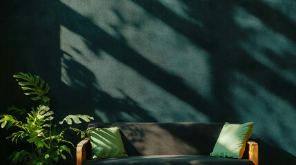 Calm outdoor retreat with matte black wall and greenery