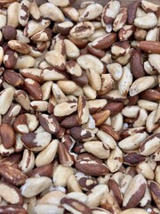 Close up of Brazil nuts for sale in a box at a local specialty market. Close-up