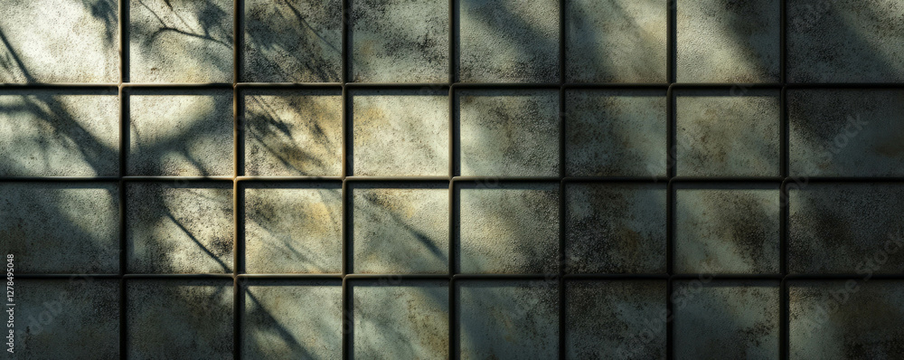 Poster abstract texture of metal grid on concrete wall with shadows and light play