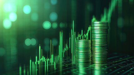 A realistic PNG of a green upward-trending financial chart with a digital coin stack placed on a glossy podium, showcasing the concept of stock profit and market growth 