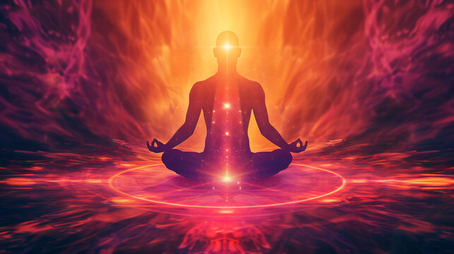 A visualization of human consciousness as a radiant energy field surrounding a meditating figure, symbolizing deep awareness and inner peace.