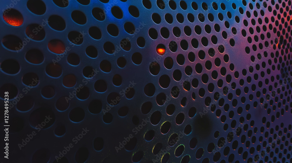 Poster vibrant colored light patterns on metal mesh wall - creative design for modern architecture