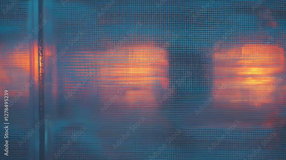 Poster Abstract texture of metal mesh wall with vibrant colored light patterns for modern design