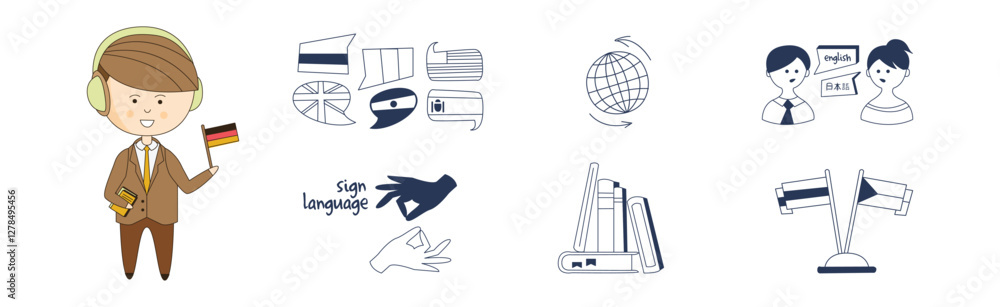 Poster foreign language learning and speaking doodle icon and element vector set
