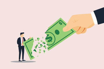 Lose money investment in financial crisis, profit and loss in business or deflation and inflation concept, businessman holding big dollar banknote money while loss, crumble and reduce in value