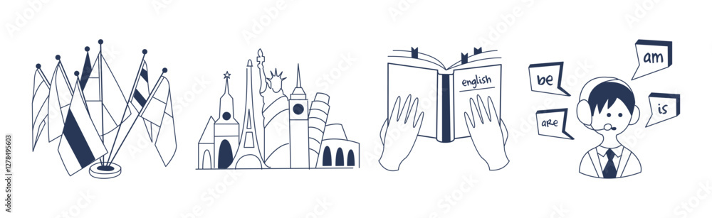 Poster foreign language learning and speaking doodle icon and element vector set