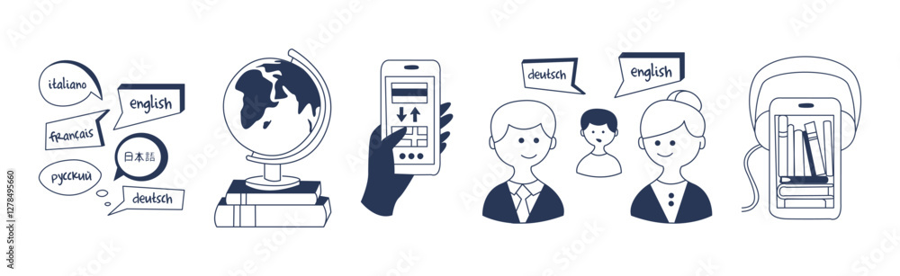 Poster foreign language learning and speaking doodle icon and element vector set