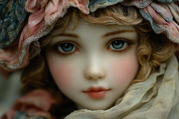 An artist creates a unique handmade doll with a porcelain face, carefully painting its delicate features in a cozy miniature workshop