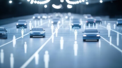 Blurred cars on a road with floating icons and people in front, illustrating urban mobility, costs reducing, and improved urban services for safe travel