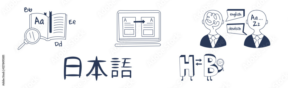 Poster foreign language learning and speaking doodle icon and element vector set