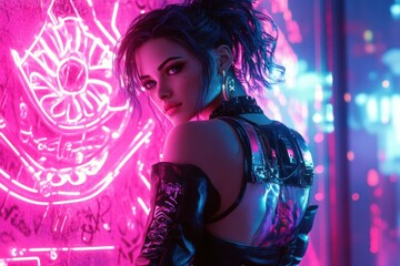 Fototapeta premium Modern Woman in Night Club Surrounded by Lights for Youth Culture Photo.Fictional Character Created By Generative AI