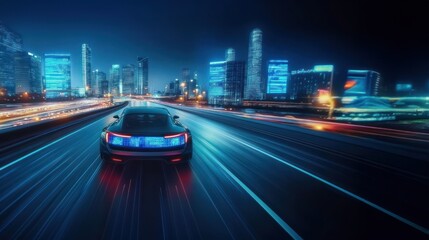 A futuristic electric car driving on a city highway at night, showcasing urban mobility, costs reducing, and smart urban services for safe travel