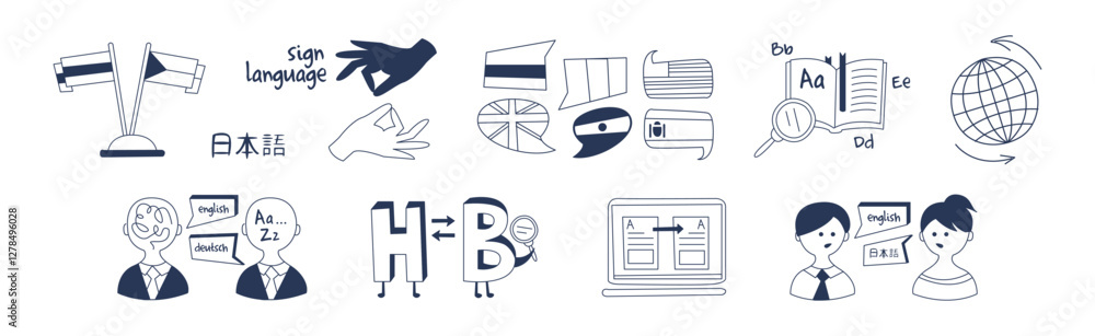 Poster foreign language learning and speaking doodle icon and element vector set