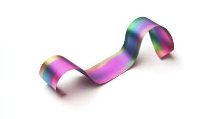 Colorful iridescent ribbon curving on white background.