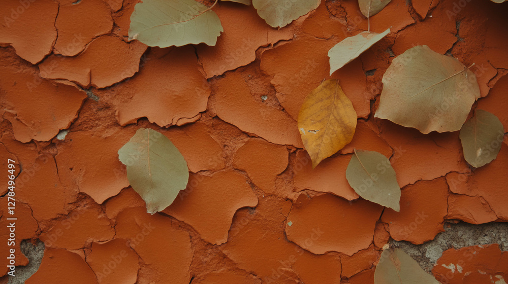 Aufkleber rustic mud wall texture with autumn leaves for design and decoration