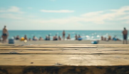 Fototapeta premium Wooden planks overlook a blurry beach scene in summer