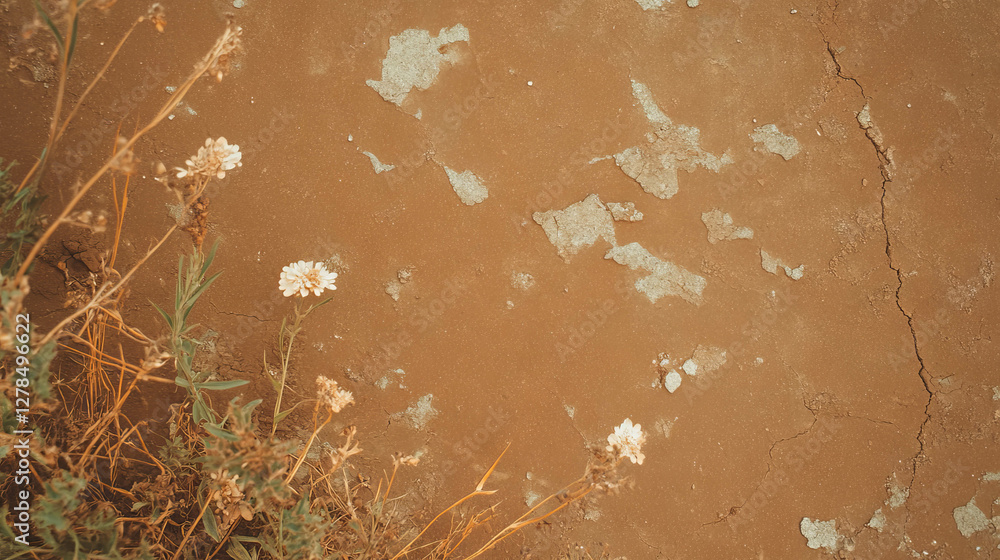 Poster rustic mud wall texture with dry grass and subtle cracks