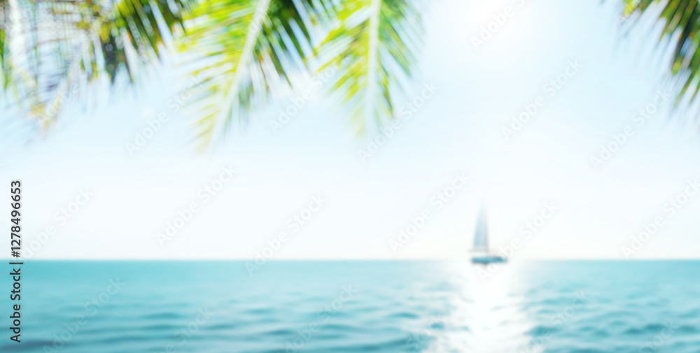 Poster a serene seaside view with soft-focus palm leaves in the foreground and a sailboat gently gliding on