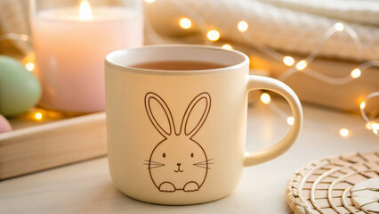 Charming Ceramic Mug with Cute Bunny Design and Warm Tea on Cozy Wooden Tray