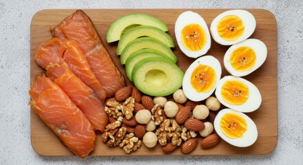 Healthy Ketogenic Diet Food on a Wooden Board Featuring Salmon and Avocado