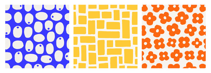 Seamless patterns, abstract floral, geometric and organic designs. Cute repeating print, modern texture, trendy background for textile, fabric, wallpaper, wrapping. Colored flat vector illustration