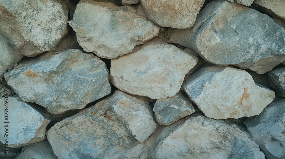 Poster Rustic mud wall texture with uneven rocks for architectural background