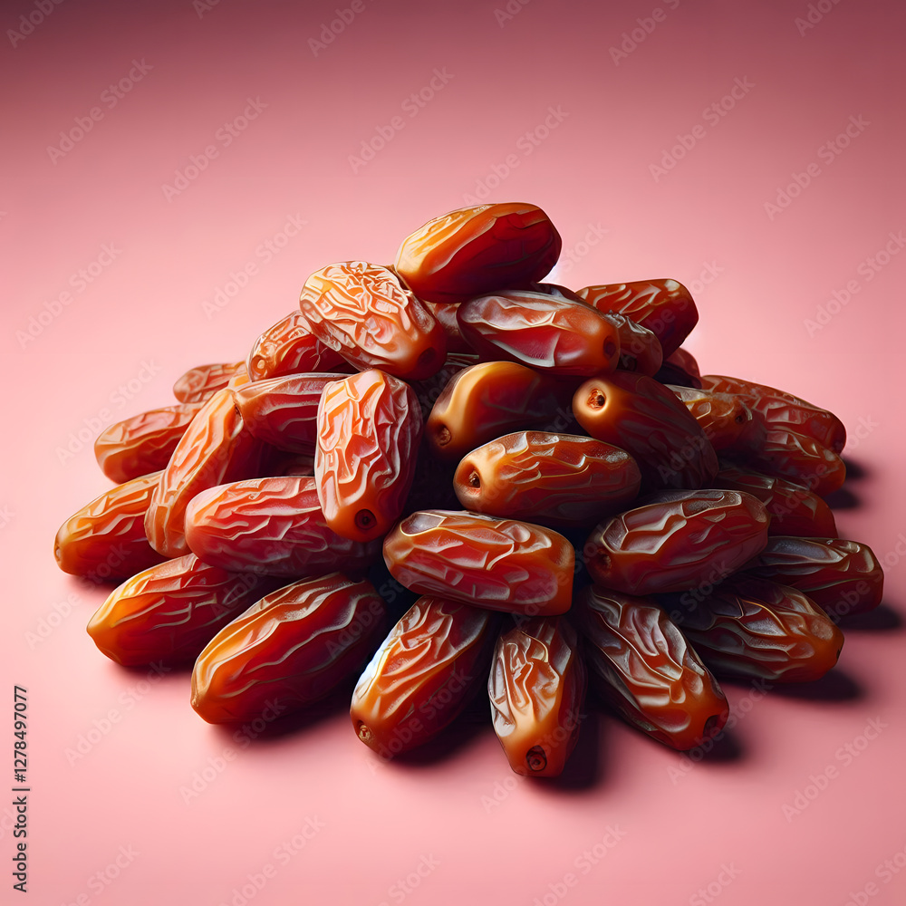 Aufkleber a close-up view of a pile of glossy, textured dates with a rich brown color on a pink background. ge