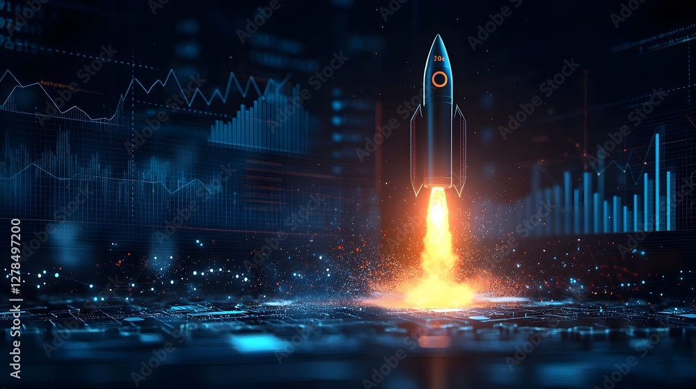 Aufkleber powerful rocket launch against a backdrop of vibrant data charts and graphs representing the dynamic