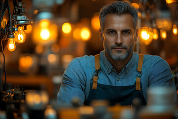 A designer sewing an exclusive dress, using unconventional materials. The studio is filled with fabrics, fashion sketches, and sewing tools.