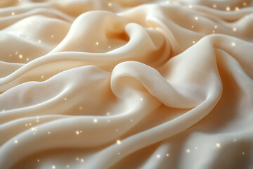 A designer sewing an exclusive dress, using unconventional materials. The studio is filled with fabrics, fashion sketches, and sewing tools.