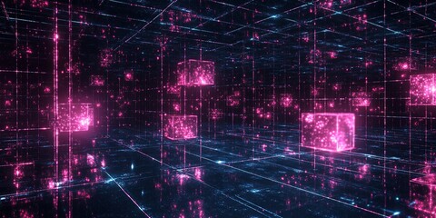 Obraz premium Futuristic Real Estate Abstract: Cyberpunk Energy Particles and Neon Fluid Grid. Geometric Liquid Architecture on Black Mirror Base. Light Pollution Glow for Investment Marketing Background. 
