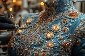 A designer sewing an exclusive dress, using unconventional materials. The studio is filled with fabrics, fashion sketches, and sewing tools.