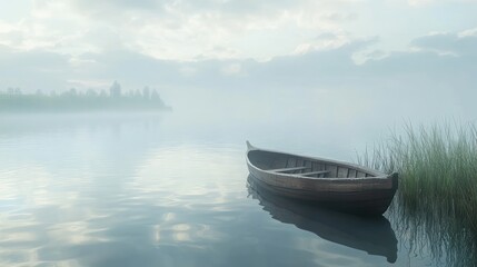 Naklejka premium Misty lake, lone boat, calm dawn