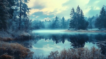 Serene Winter Lake in Misty Forest: A Breathtaking Panorama