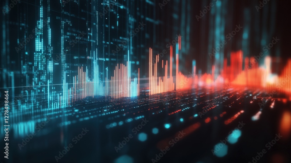 Poster abstract digital visualization of sound waves and data streams in a futuristic setting