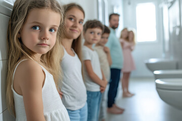 Big family waiting in line to go in bathroom at morning. Concept of family living in big house or on vacation