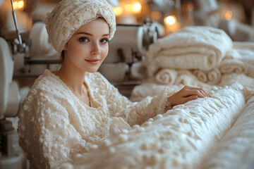 A designer sewing an exclusive dress, using unconventional materials. The studio is filled with fabrics, fashion sketches, and sewing tools.