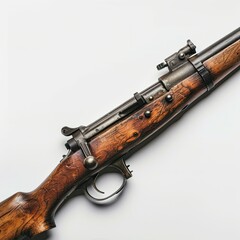 A close-up of a vintage rifle showcasing its detailed craftsmanship and design. isolated on white background