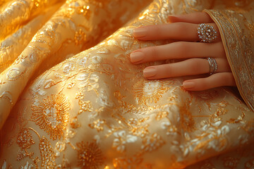 A designer sewing an exclusive dress, using unconventional materials. The studio is filled with fabrics, fashion sketches, and sewing tools.