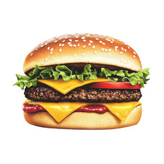 A fast food hamburger, isolated on a Transparent background.