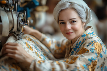 A designer sewing an exclusive dress, using unconventional materials. The studio is filled with fabrics, fashion sketches, and sewing tools.