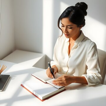 "Una mujer hispana con una blusa color crema, escribiendo en un cuaderno sencillo con un bol&iacute;grafo en un espacio de trabajo ordenado."