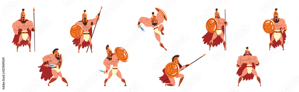 Poster man gladiator as roman warrior character in armor with shield vector set