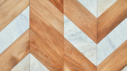 Geometric oak and white marble patterned tile design for interiors