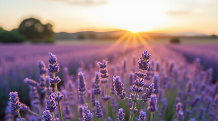 Naklejka premium Lavender field in the rays of the sun at dawn.