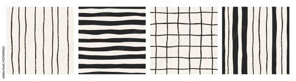 Leinwandbilder Seamless patterns with stripes and grid. Simple minimalistic modern design, repeating endless backgrounds set. Black and white line drawing, abstract textures for textile. Flat vector illustration