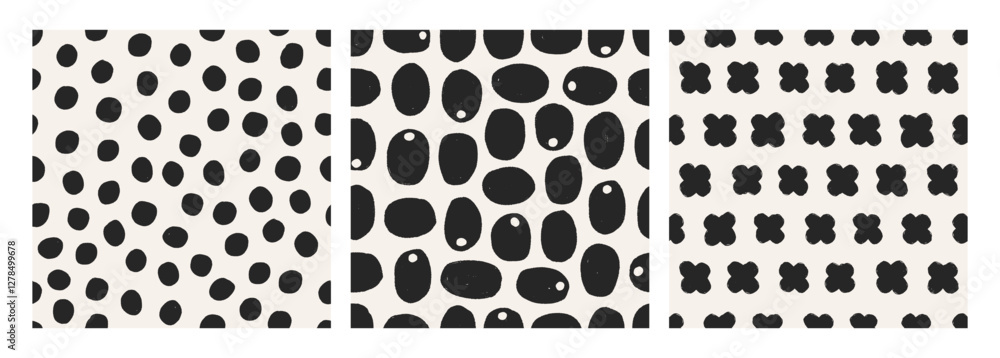 Poster Seamless abstract pattern with hand-drawn shapes, set. Simple print, endless background in modern design style. Repeating textures with dot, cross for textile, fabric, cloth. Flat vector illustration
