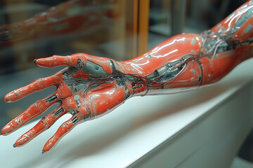 A person with a high-tech bionic arm, seamlessly integrated with the nervous system, looking both organic and futuristic. Ultra-detailed and realistic
